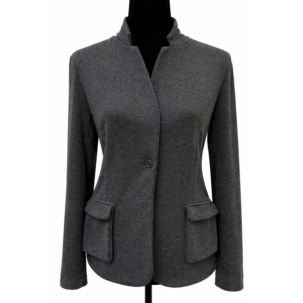 Magaschoni Womens Classic‎ Blazer Size Large Gray Mandarin Collar Career Stretch